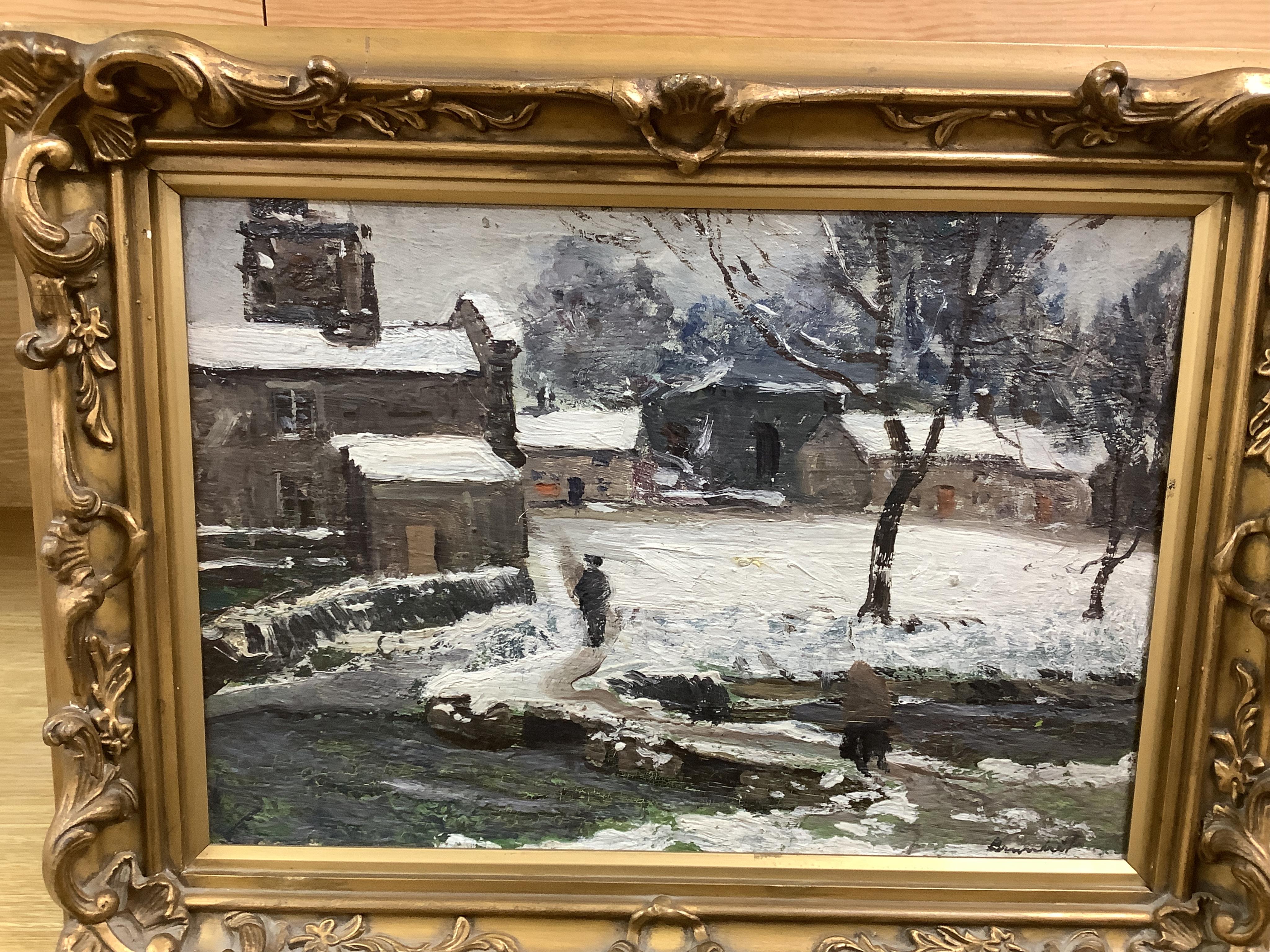 20th century, 'Packhorse bridge and Alms houses of Linton, near Grasington', oil on board, indistinctly signed lower right, 23 x 33cm
